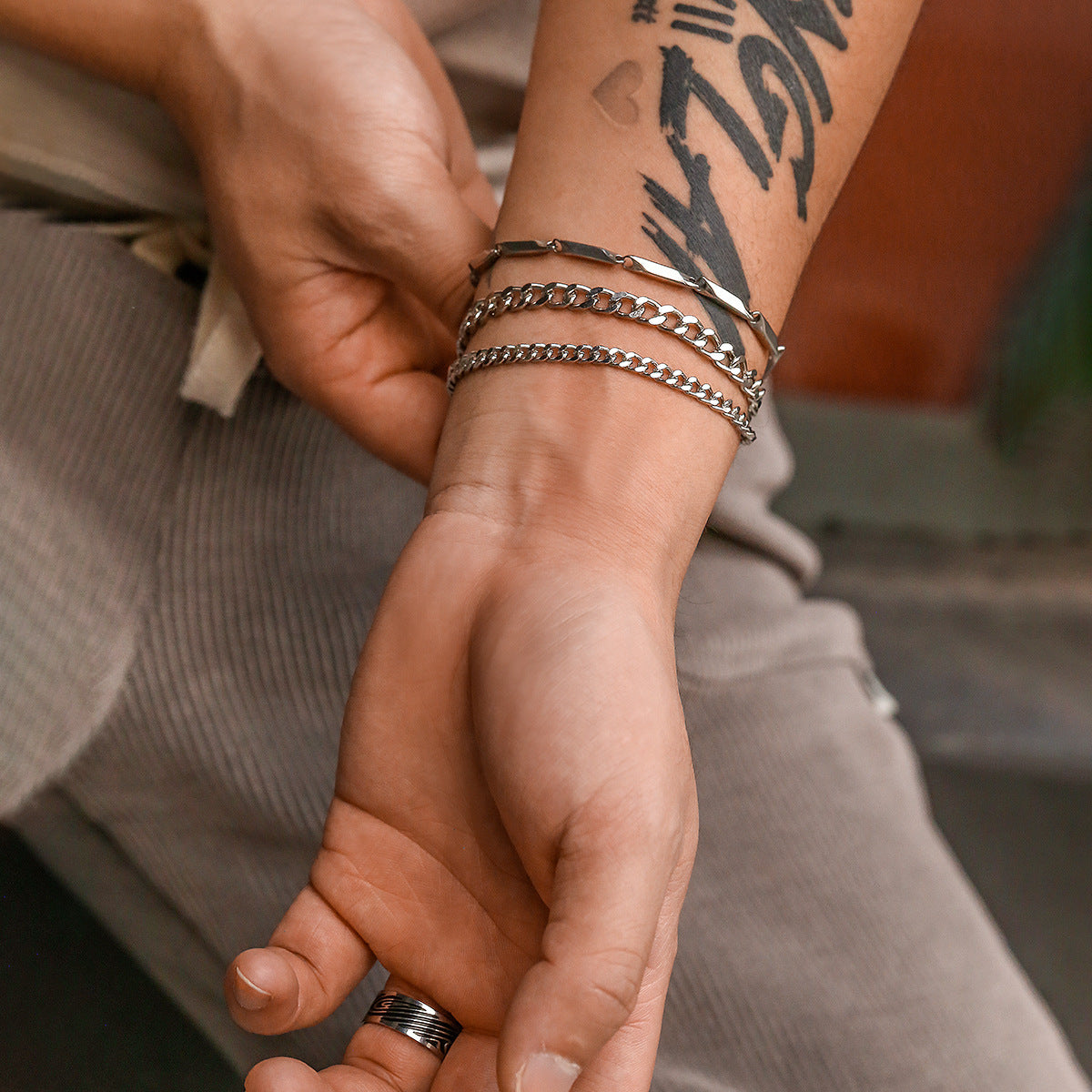 Three-Piece Layered Stainless Steel Bracelet Set — detail view 7